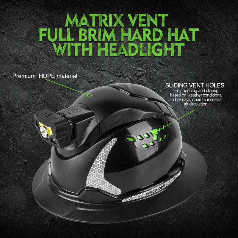 GREEN DEVIL قبعة صلبة ذات حافة كاملة من GREEN DEVIL Matrix مع خوذة أمان للبناء مزودة بفتحات تهوية أمامية ومعتمدة من إدارة السلامة والصحة المهنية (OSHA) Cascos De Construccion Work Hardhat للرجال والنساء - Image 2